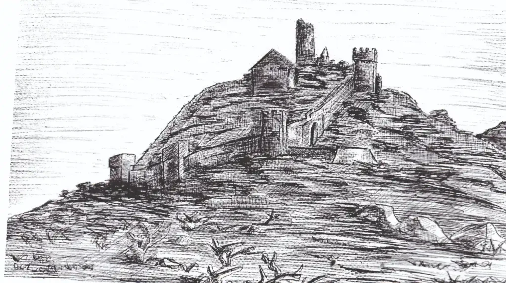 Dibujo de O’ Neille más antiguo que se conoce del Castillo/  Vista aérea del Castell en 1990